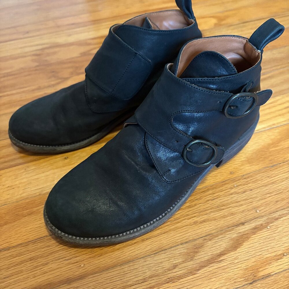 P. Monjo Black Leather Double Monkstrap Ankle Boots Size 8